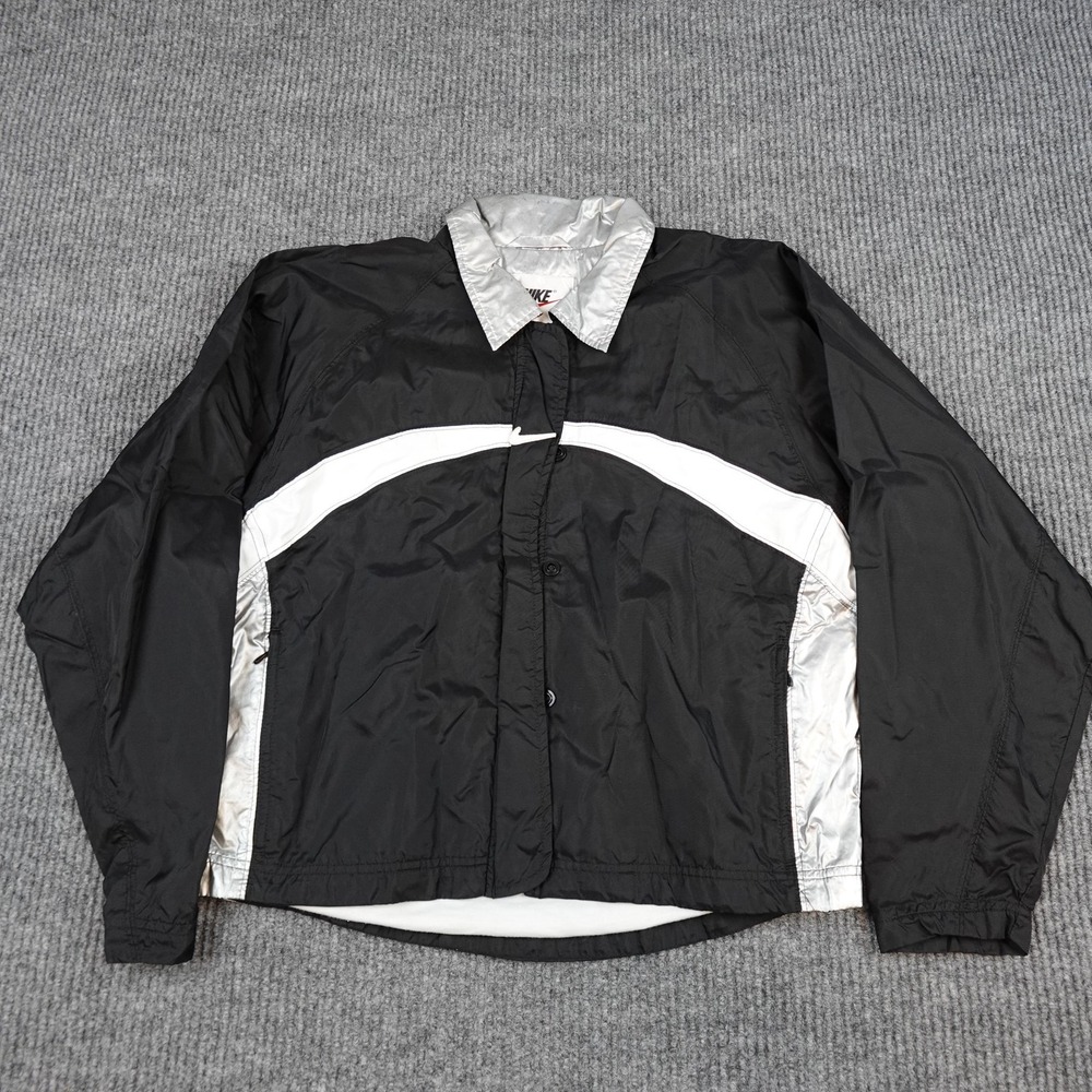Vintage Nike Jacket Mens Medium Black Silver Full Zip Windbreaker Big Logo